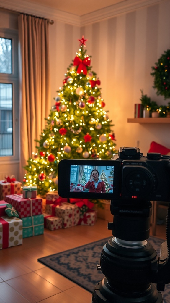 A person filming a Christmas wishlist video in a decorated living room with a Christmas tree and gifts.